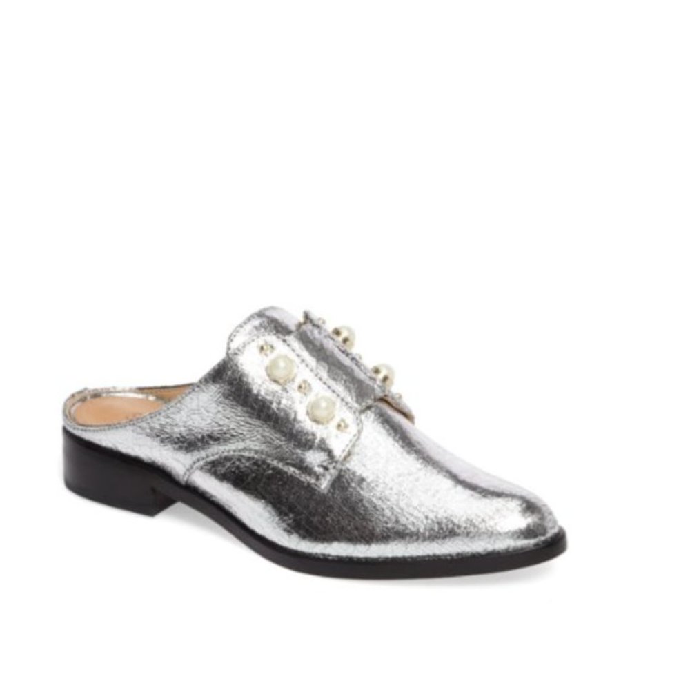SCHUTZ Jaine Pearl Embellished‎ Winter Chic Metallic Casual Mule Loafer Silver